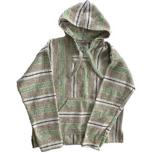 Mexicali Blues Hippie Poncho Rag Sweatshirt Hoodie Woven Black Tan Green M *VTG